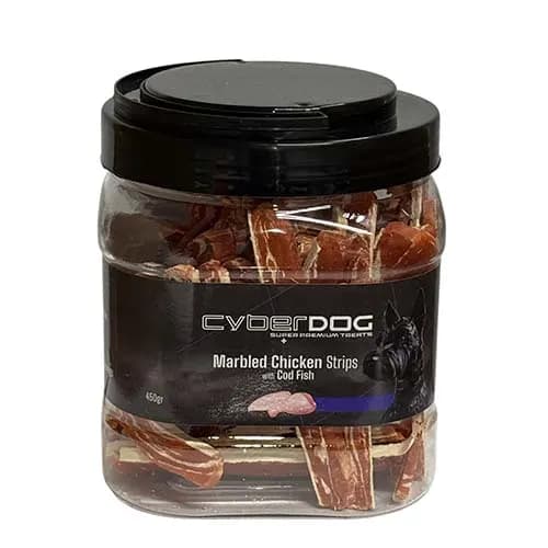 צנצנת סייבר דוג רצועות עוף ודג קוד משוישות לכלב