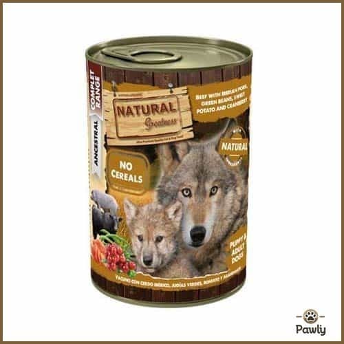 שימור נטורל גרייטנס לכלב בשר בקר עם חזיר איברי, שעועית ירוקה, בטטה וחמוציות 400 גרם