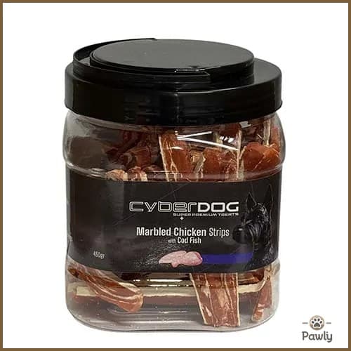 צנצנת סייבר דוג רצועות עוף ודג קוד משוישות לכלב